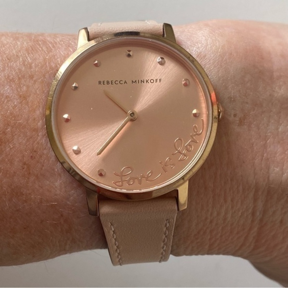 Rebecca Minkoff Rose Gold Love round Face Tan Leather Quartz Watch